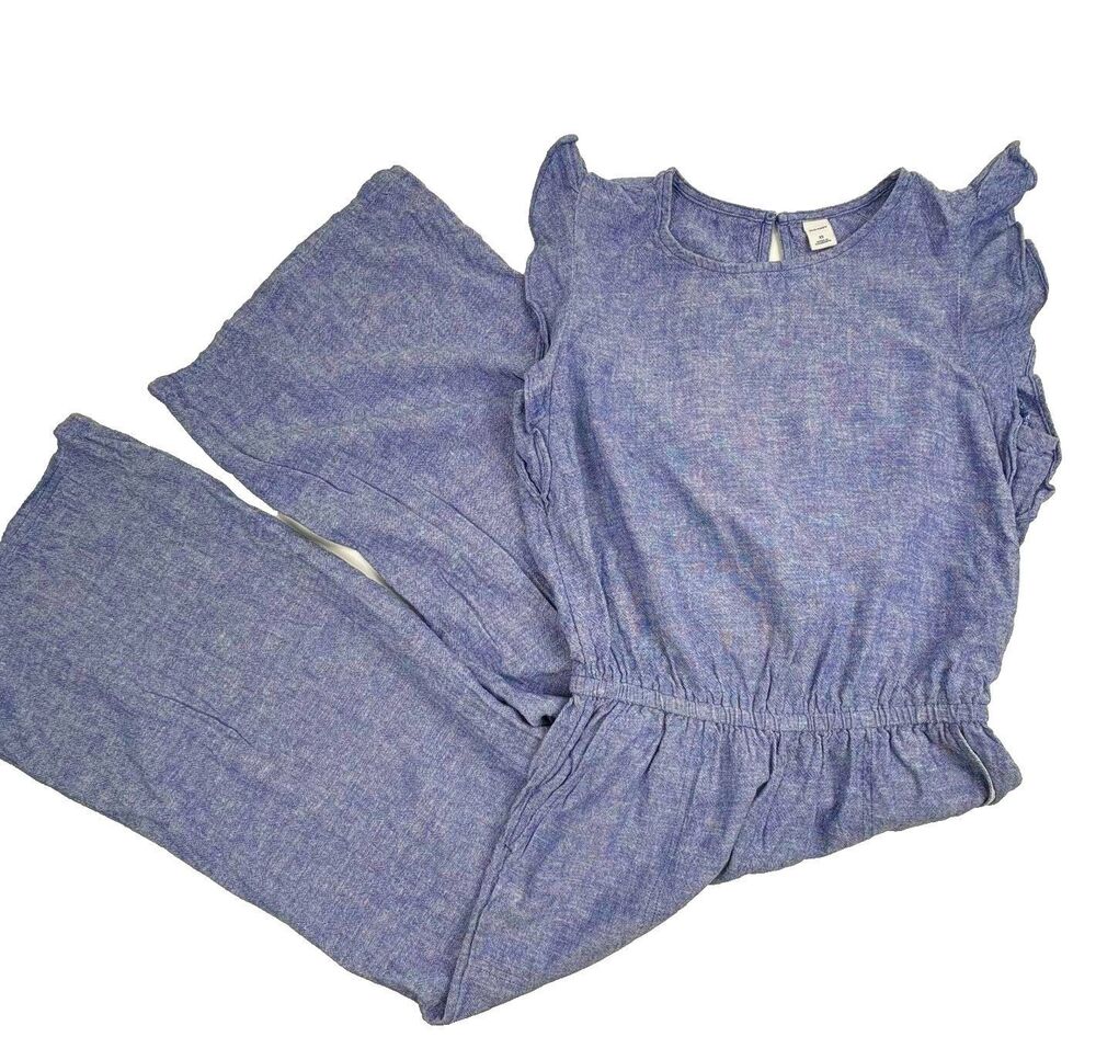 Linen Blend Chambray Jumpsuit Ruffle Sleeve Keyhole Back Wide Leg XS - Picture 7 of 16